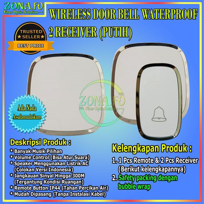 Bell Rumah Wireless Door Bell Waterproof Pintu Bell 2 Receiver Putih