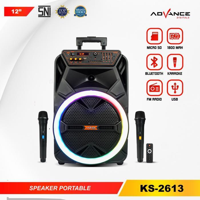 Advance KS-2613 Speaker Portable 12" Double 2 Mic Wireless Karaoke Garansi 1 Tahun Bass Besi Bluetoo