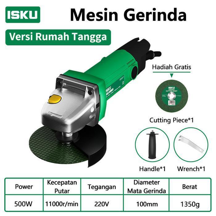 ISKU Mesin Gerinda Tangan 4 Inch 500W Low Watt - Angle Grinder Potong Poles Besi - 500W (Low Watt)- 