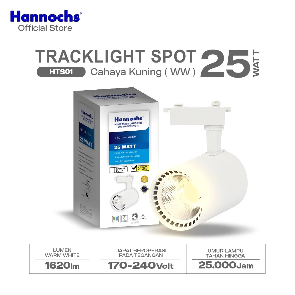 Hannochs Tracklight Lampu Led Sorot Projektor HTS01 body Putih 25w Cahaya Kuning