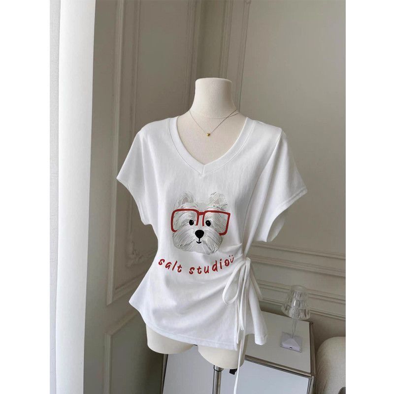 Kaos Wanita Lengan Pendek Korea, Asimetris dengan Tali Ikat, Belah Samping, Ketat, Leher V, Model Ba