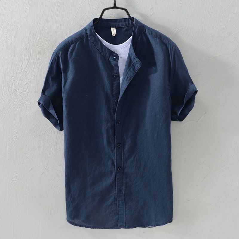 Kemeja linen pria lengan pendek tipis linen longgar atas kemeja katun dan linen