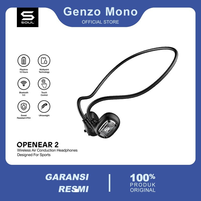 SOUL OPENEAR 2 Earphone Konduksi Udara Bluetooth - Headphone Tanpa Kabel, Earphone Konduksi Tulang, 