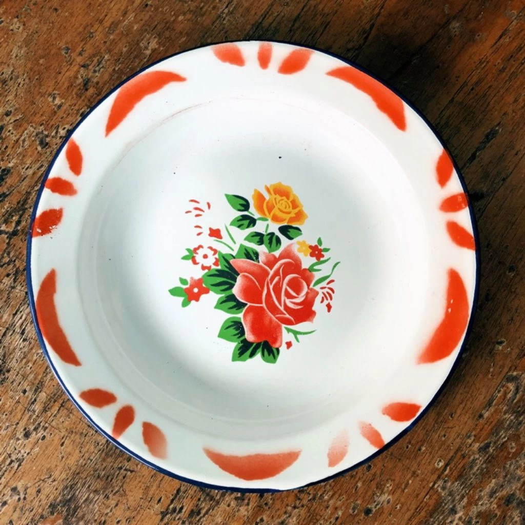 |AARON| piring enamel bunga merah 22cm Piring Seng Besi Enamel Jadul Motif Bunga