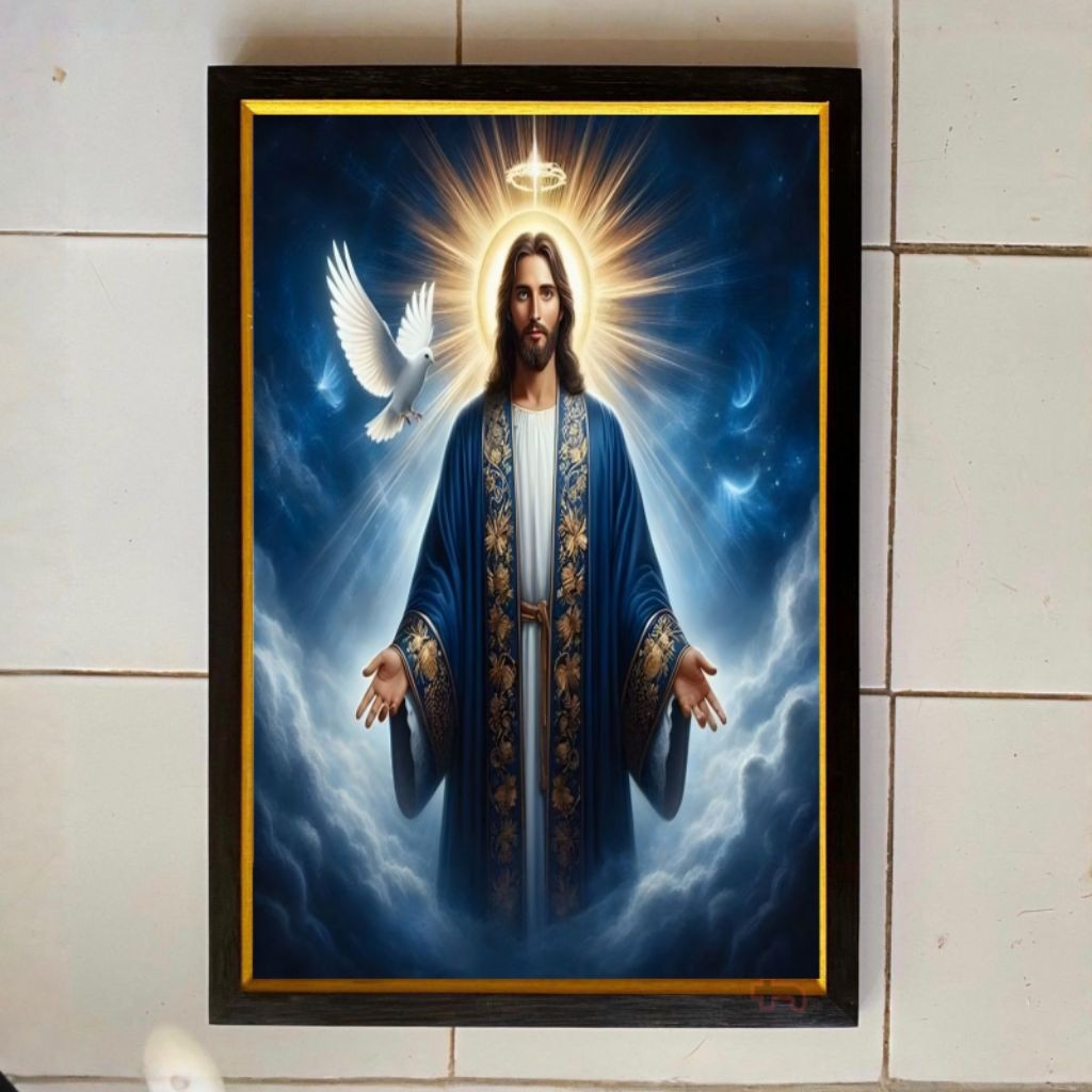 hiasan dinding lukisan cetak plus bingkai ukuran 65x45cm gambar tuhan yesus kristus dan merpati