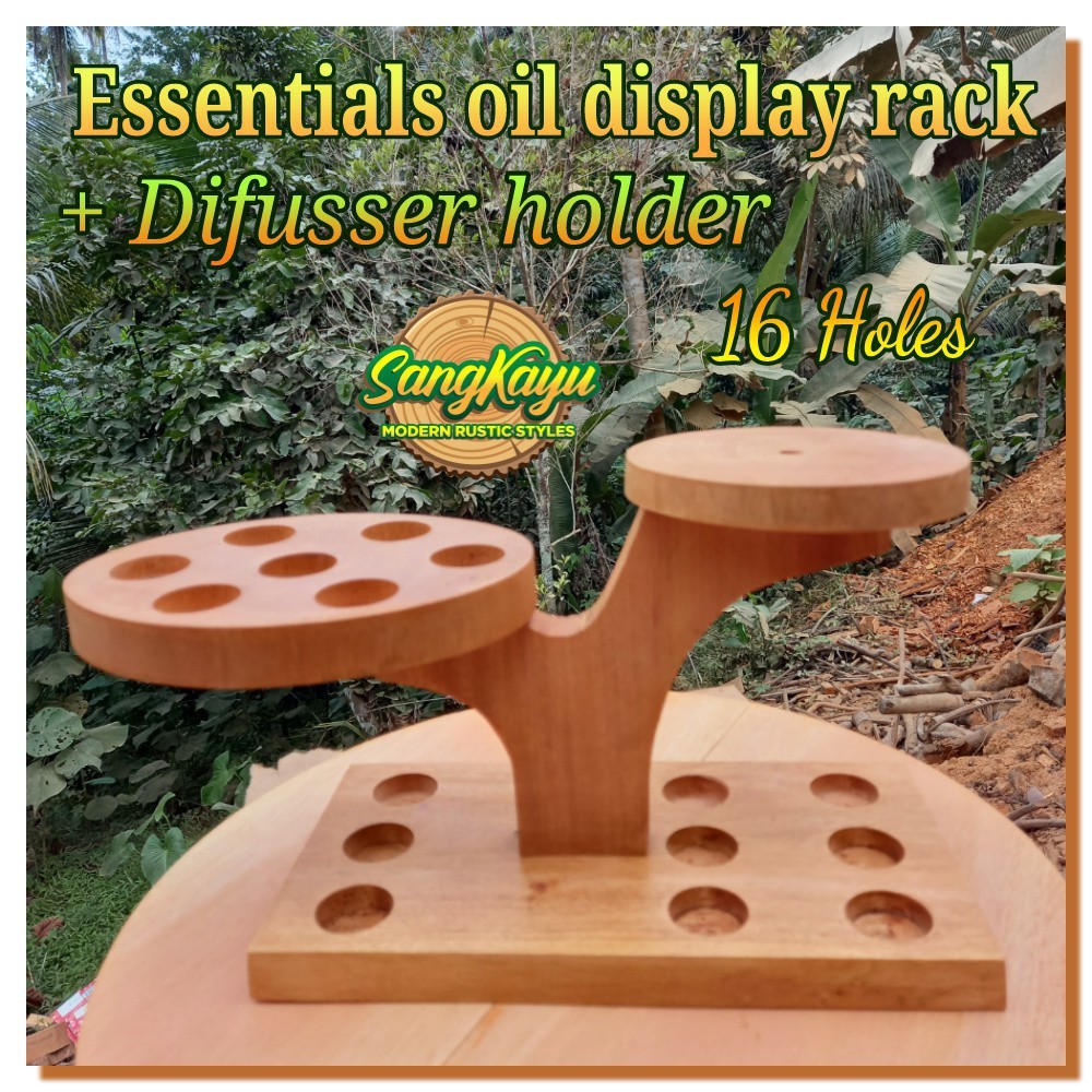 Rak oil young living Essential oil 16 holes + air humidifier diffuserRak oil kayu | rak kayu murah