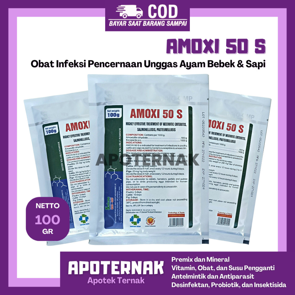 AMOXI 50 S 100 gr - Antibiotik Amox Obat Infeksi Pencernaan Ayam Sapi Babi Ampuh - Like Amoxitin