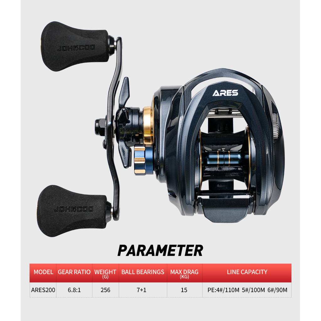JOHNCOO Baitcasting Reel Aluminum Frame Saltwater Fishing Reel 6.8:1 Gear Ratio 15kg Max Drag Big Ga