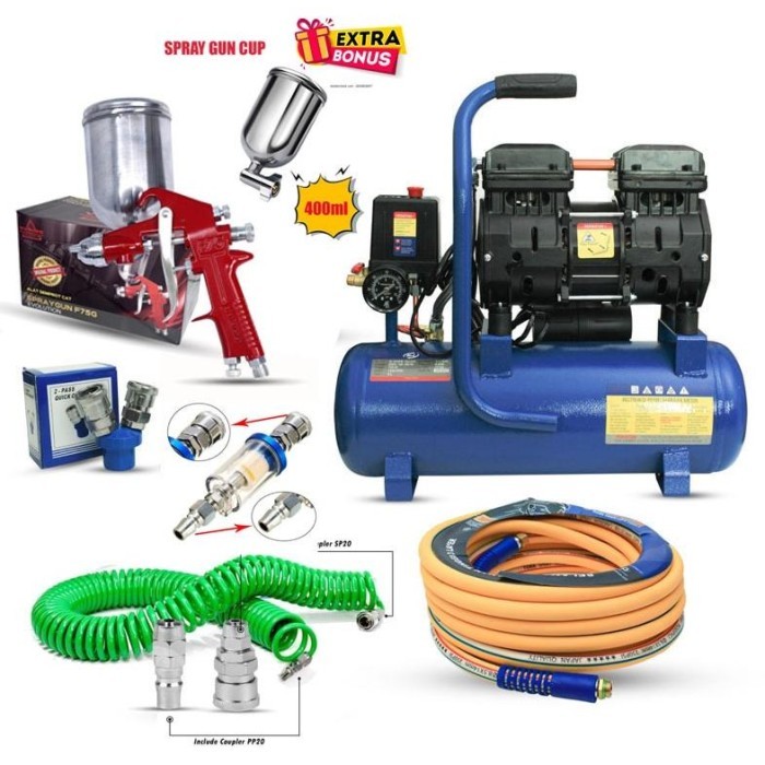 NEW PROMO MESIN paket Kompresor Angin / Kompresor Udara lengkap 8 ITEM tukang cat/bengkel motor mobi