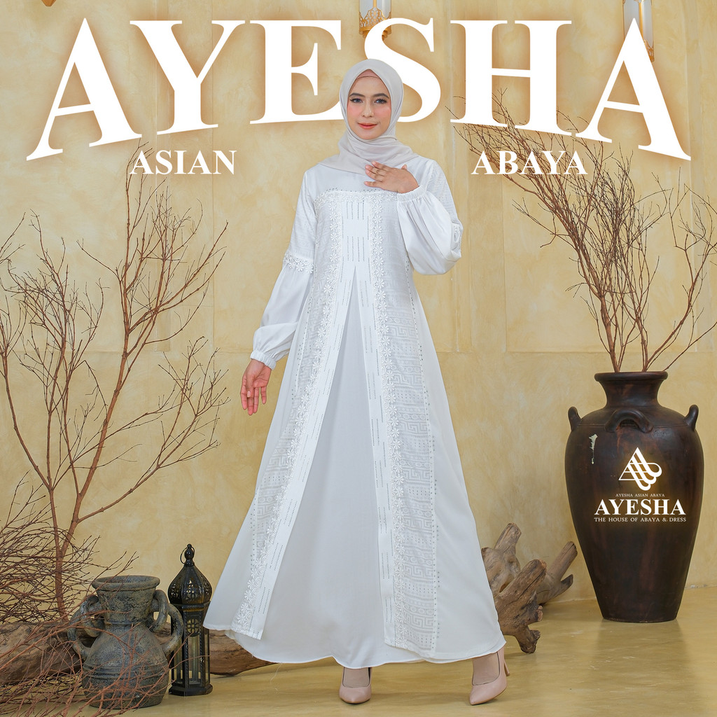 AYESHA Gamis Putih Brokat Brukat Wanita Abaya Turkey Terbaru Mewah Elegan Premium 054 Putih