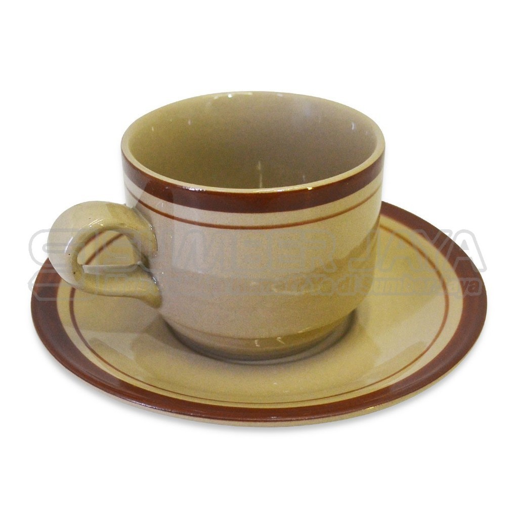 Gelas / Cangkir Set Keramik Lucky Coklat Kramik isi 1pcs + Lepek Jadul