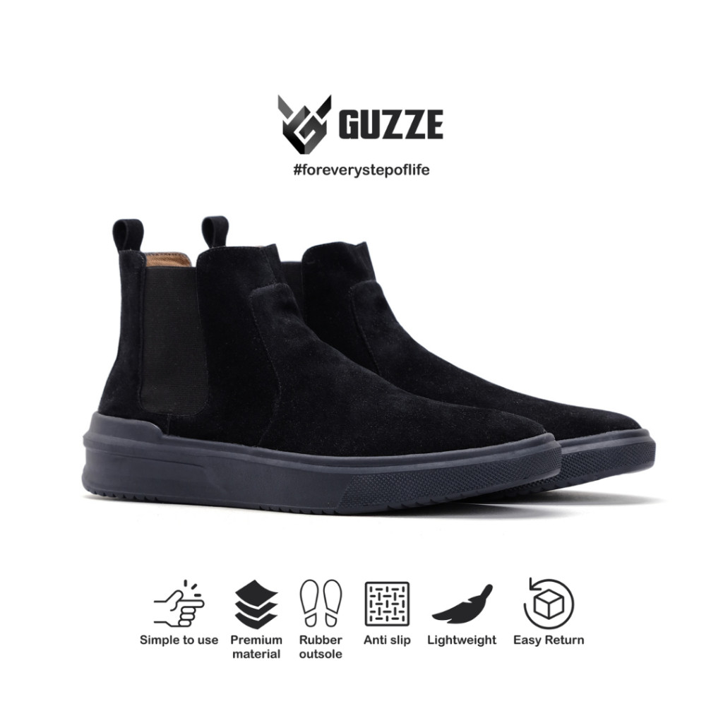 Sepatu Casual Pria Suede Chelsea Boots Guzze Axton Black Heritage Product 100% Original