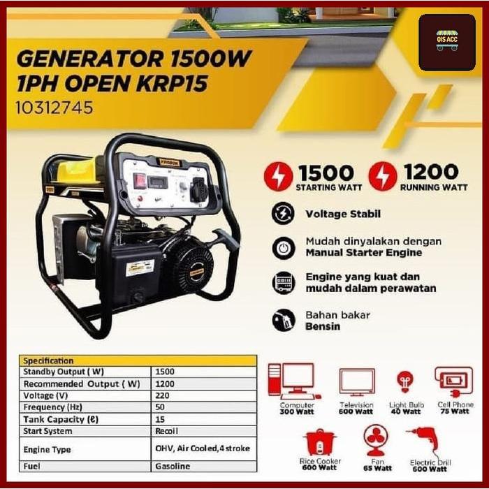 KRISBOW Generator Genset Bensin 1500 Watt 1ph Open KRP15
