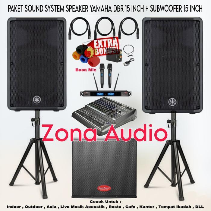 PAKET SOUND SYSTEM INDOOR OUTDOOR LIVE MUSIK KARAOKE SPEAKER YAMAHA DBR 15 INCH + SUBWOOFER 15 INCH 