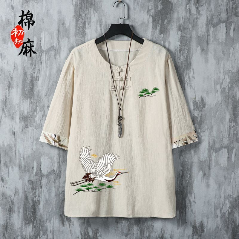 Light Cotton Linen Short Sleeve Loose Button Half Sleeve Chinese Linen Shirt Cotton Linen
