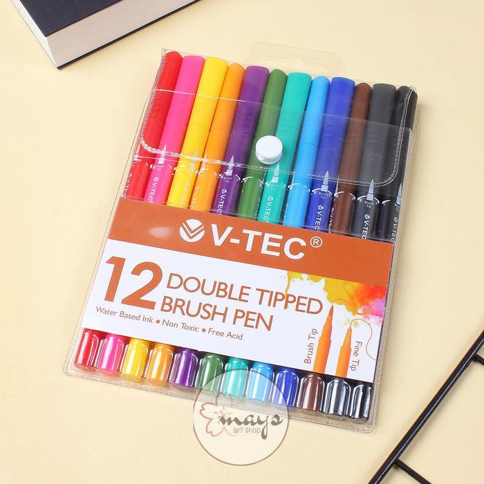 12 Pcs Colors Doue Tip Brush Pen Set Isi 12 Warna V-Tec / Spidol Warna Warni Dua Sisi Mata Ujung Dua