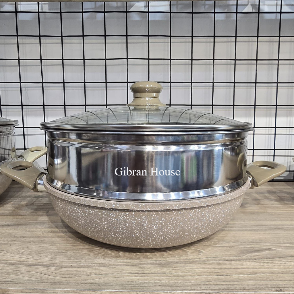 Pero Mercin Wokpan 28cm 2 Handle with Steamer Glass Lid  / Panci Anti Lengket dengan Steamer