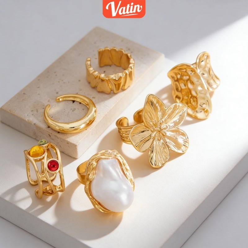Vatin Set Cincin Titanium Wanita Cincin Batu Permata Cincin Terbuka Mutiara Batu Permata Boho Bohemi