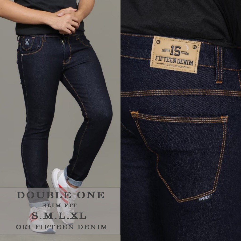 Celana Jeans Panjang Pria Slim Fit Original FIFTEEN DENIM Navy Blue