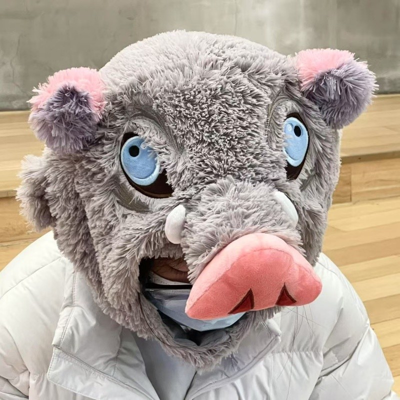 Cosplay Prop Wild Boar Head Plush Hat Demon Slayer Hashibira Inosuke Warm Headgear Cartoon Stuffed A