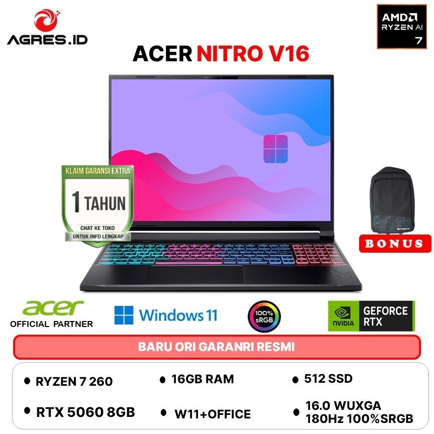 ACER NITRO V 16S RYZEN 7 260 RTX5060 8GB - RAM 16GB 512GB W11+OHS+M365B 16.0WQXGA 180HZ 100SRGB