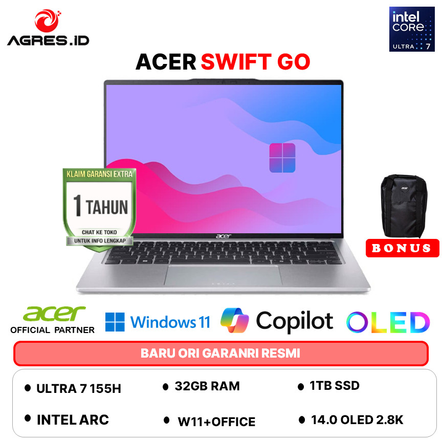 ACER SWIFT GO OLED SFG14 ULTRA 7 155H 32GB 1TB W11+OHS 14.0 2.8K 90HZ EVO 2Y+ADP -73.731A