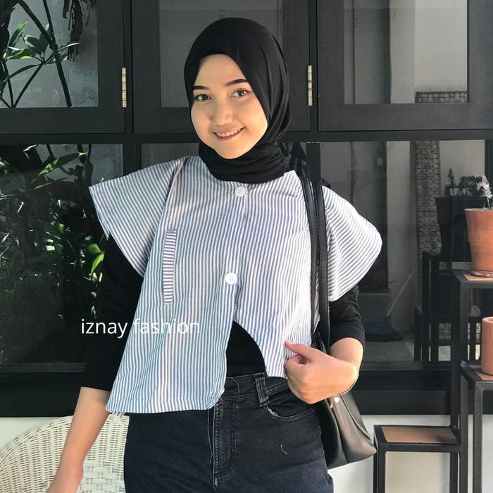 PROMO DISKON IZNAY FASHION - Vest Lily Stripe Rompi Outerwear Katun Korean Style - Biru Muda