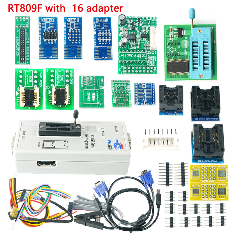 100% Original RT809F ISP Programmer + 16 Adapter Icsp Bios Programmer RT809 lcd Usb Chip Eeprom Prog
