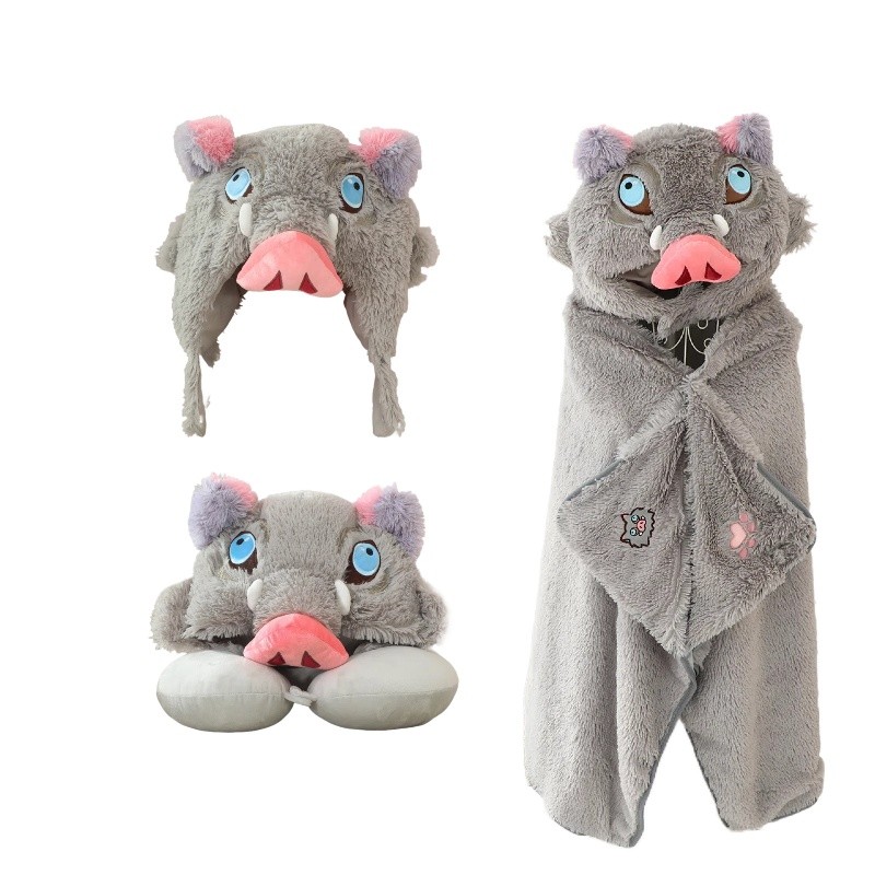 Anime Around Hashibira Inosuke Plush Hat Cloak Wild Boar Head U-shaped Hooded Neck Pillow Cosplay Pr