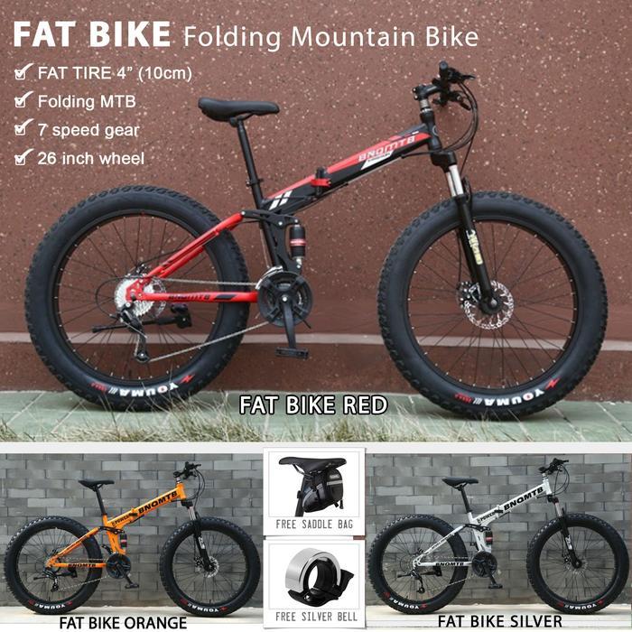 Fat Bike MTB Folding Mountain Bicycle 7 Speed Sepeda Gunung Ban Gendut - Red