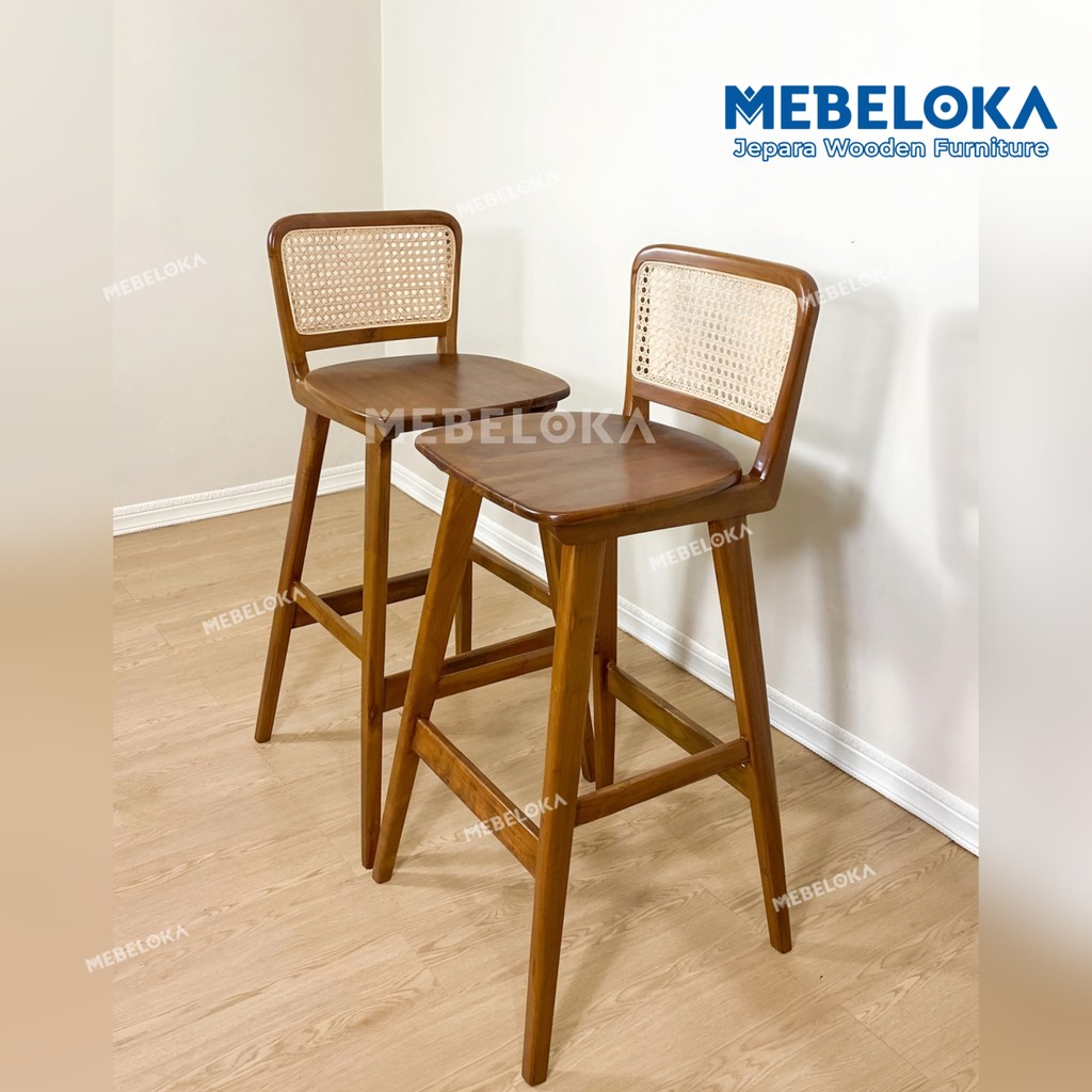 Kursi bar minibar tinggi kayu jati GRADE A sandaran kombinasi rotan minimalis chair Jepara kekinian