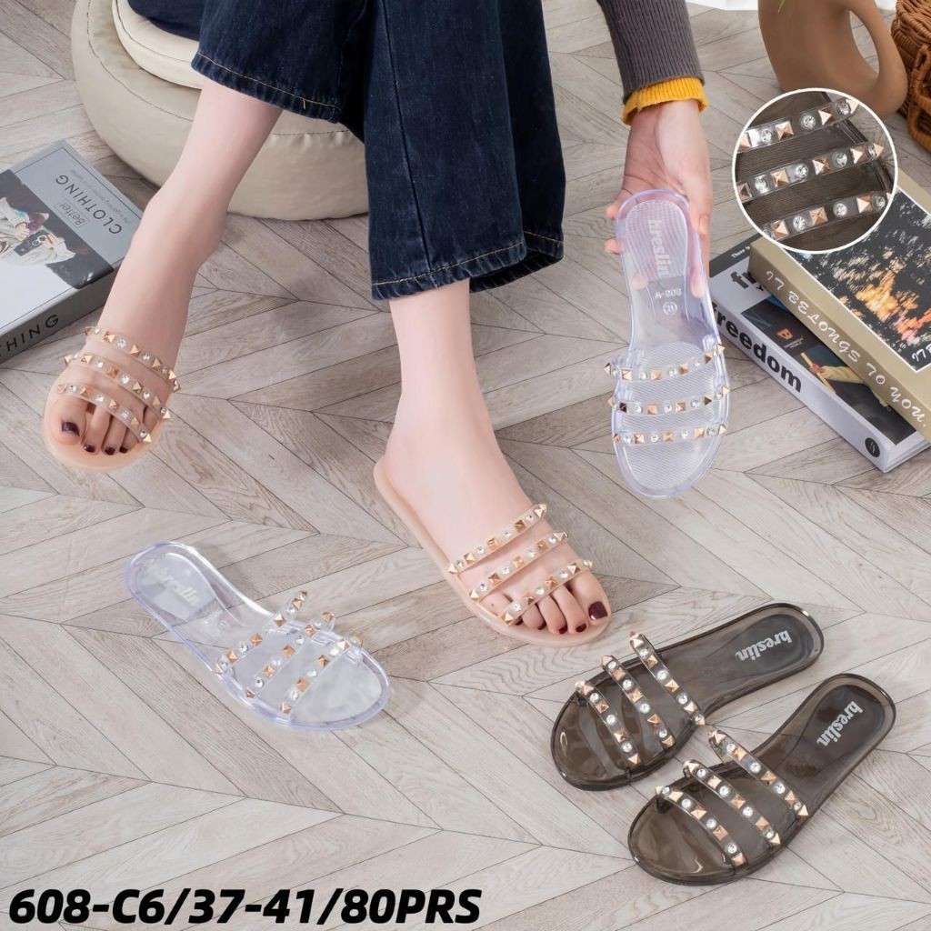 Sandal Selop Kaca Jelly Sendal Flat Teplek Wanita Anti Slip  W-608-B