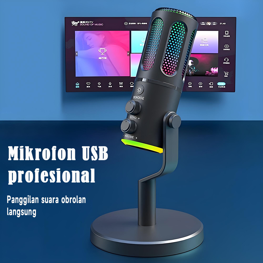Microphone K18 Condenser USB Type-C - Mic Gaming dengan RGB Dynamic Light untuk Live Streaming, Reco