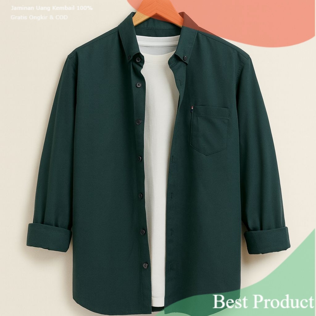 PREMIUM - kemeja pria warna emerald green lengan panjang, kemeja emerald pria , kemeja pria polos wa