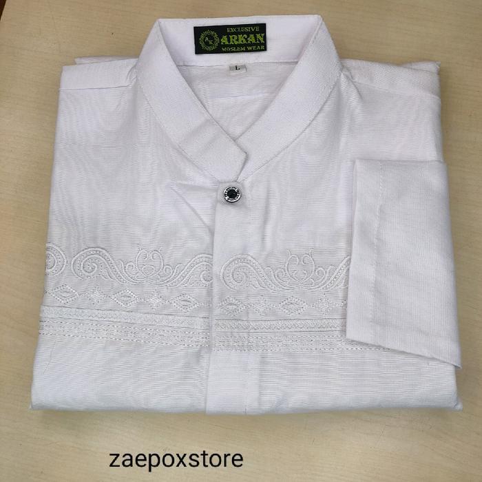Baju Koko Taqwa Lengan Panjang Putih Polos Bordir M L XL - panjang putih, M