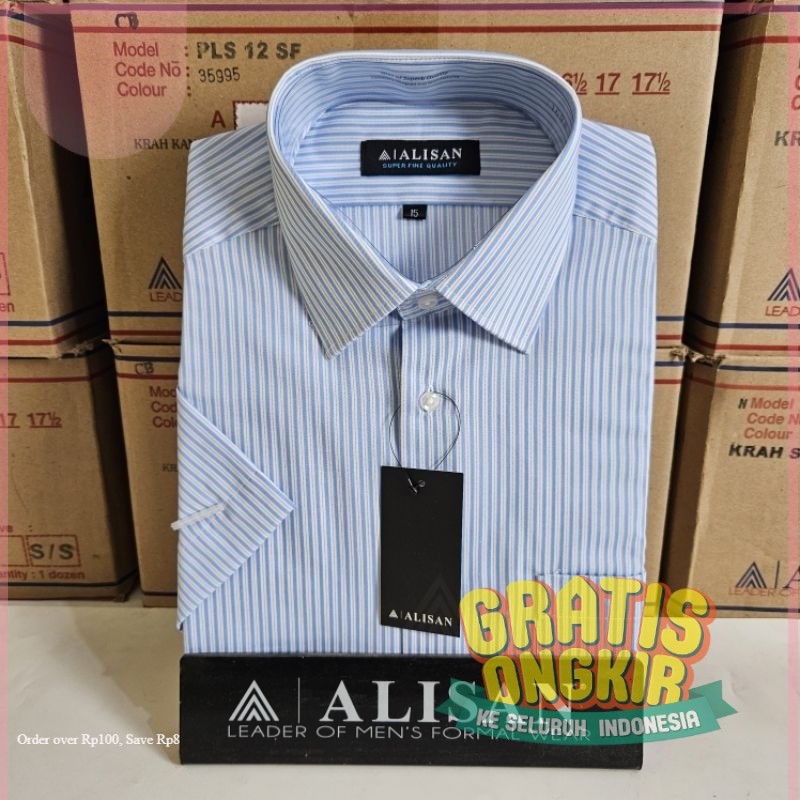 PREMIUM - Kemeja Alisan Pendek Salur Garis Biru Cream- pakaian pria lainnya