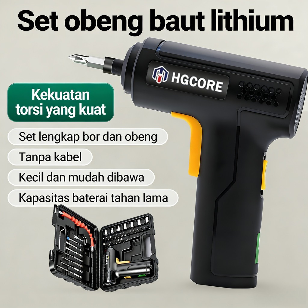 HGCORE Obeng Set Lengkap Mesin Bor Listrik Baterai Obeng Elektrik Set Komplit Screwdriver Cordless