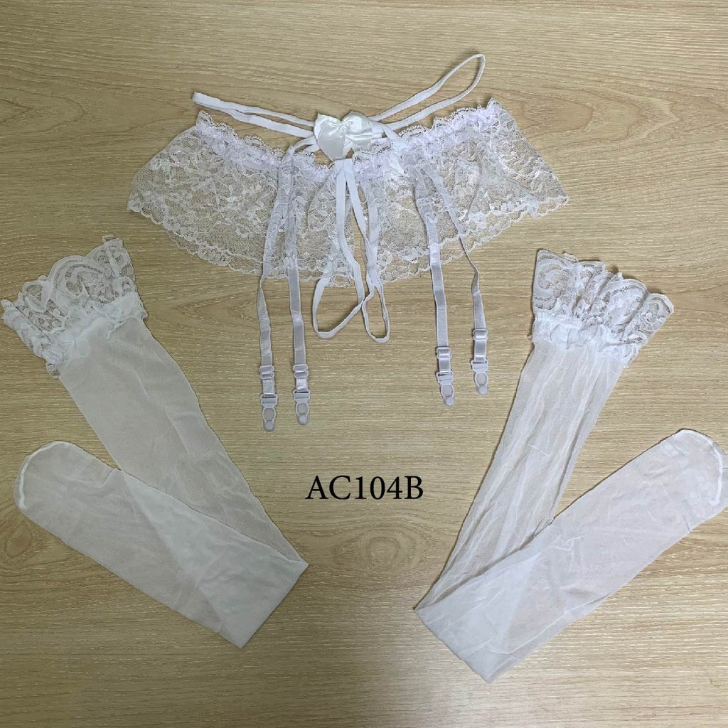 Set Sabuk Garter Stocking Premium Wanita Costume  Lingerie Putih Ac104B