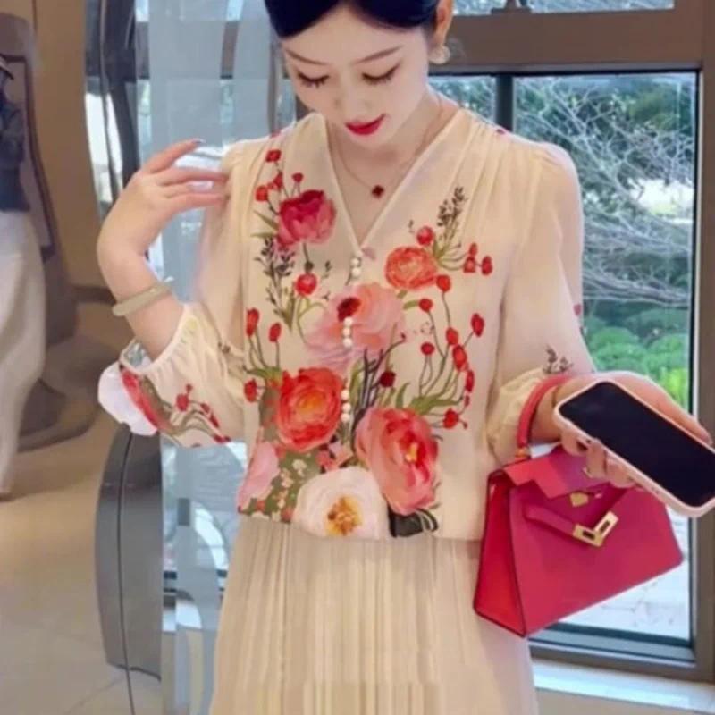 Blus Sifon V-Neck Lengan Lentera Motif Bunga French Tipis Transparan untuk Wanita Musim Semi Panas M