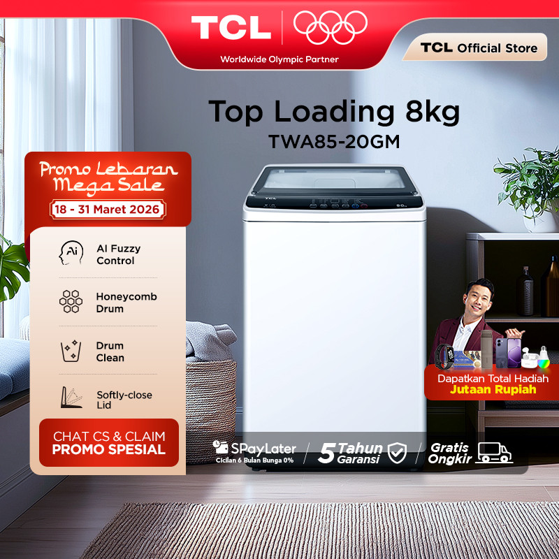 TCL Mesin Cuci 1 Tabung - Top Loading 8 KG - Honeycomb Crystal Drum - Auto Cleaning - Eight Wash Pro