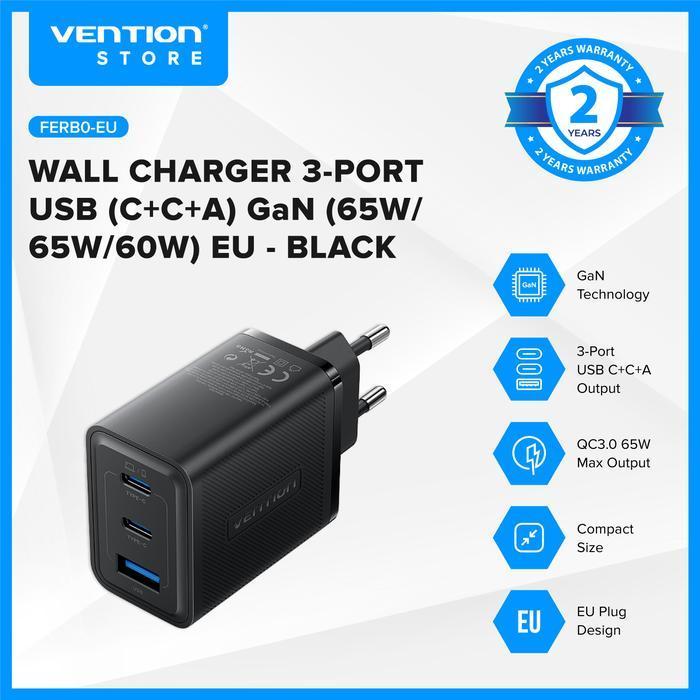 NEW PROMO Vention Adaptor Charger 3 Port 60W/65W PD Fast Charger - Hitam