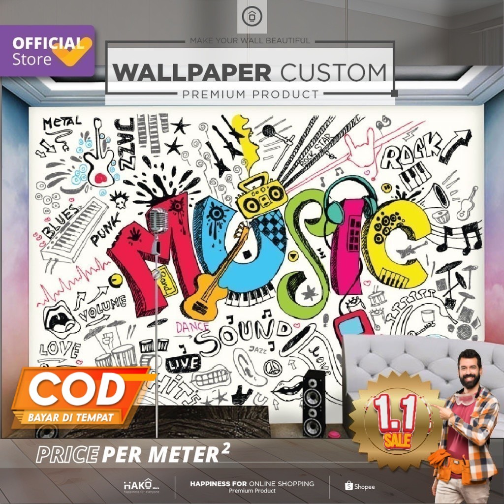 Wallpaper Custom Tempat Usaha / Cafe | Gambar Music 6.3 | Business | Wall Sticker | Wall Banner | Wa