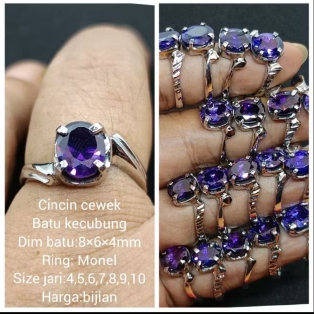 Cincin cewek batu kecubung Kalimantan cutting ring monel