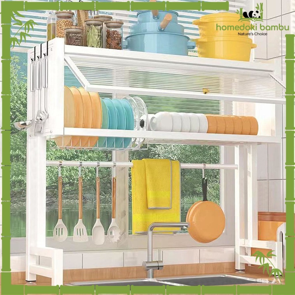 MeeTeu Homedoki Bambu-Rak Piring Wastafel Stainless/Rak Piring Tertutup/Rak Piring Minimalis/Rak Pir