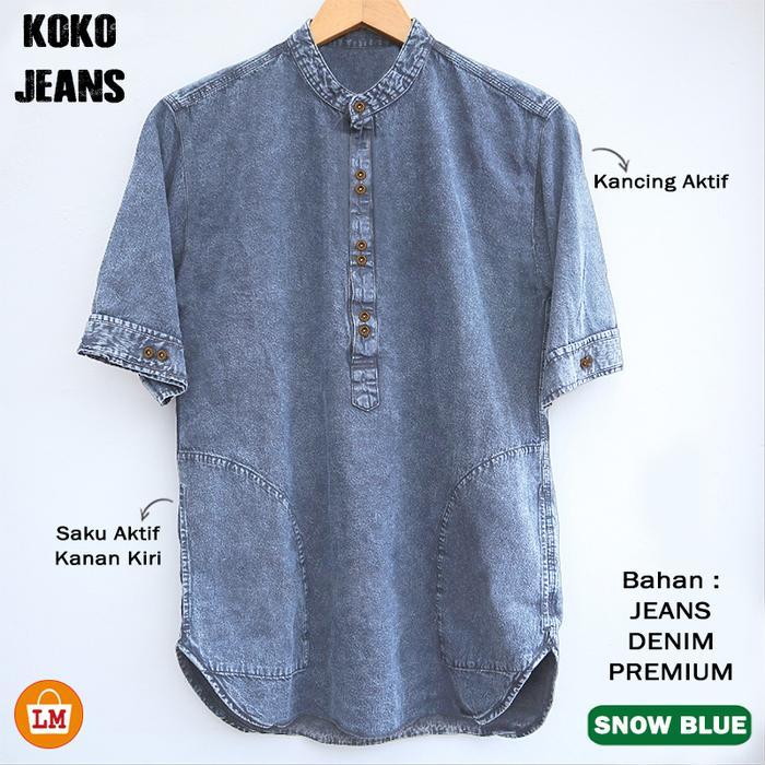 Koleksi Lebaran Baju Pria Muslim KOKO JEANS Lengan Pendek Bahan Denim M-XXL / 22083 - Snow Blue, M