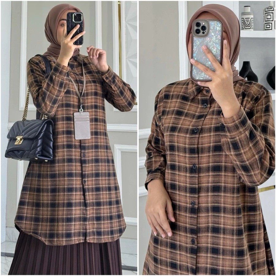 PROMO TERBARU TUNIK WANITA JUMBO LD 120/ ATASAN WANITA TERBARU / TUNIK MOTIF KOTAK LONG TUNIK FLANEL