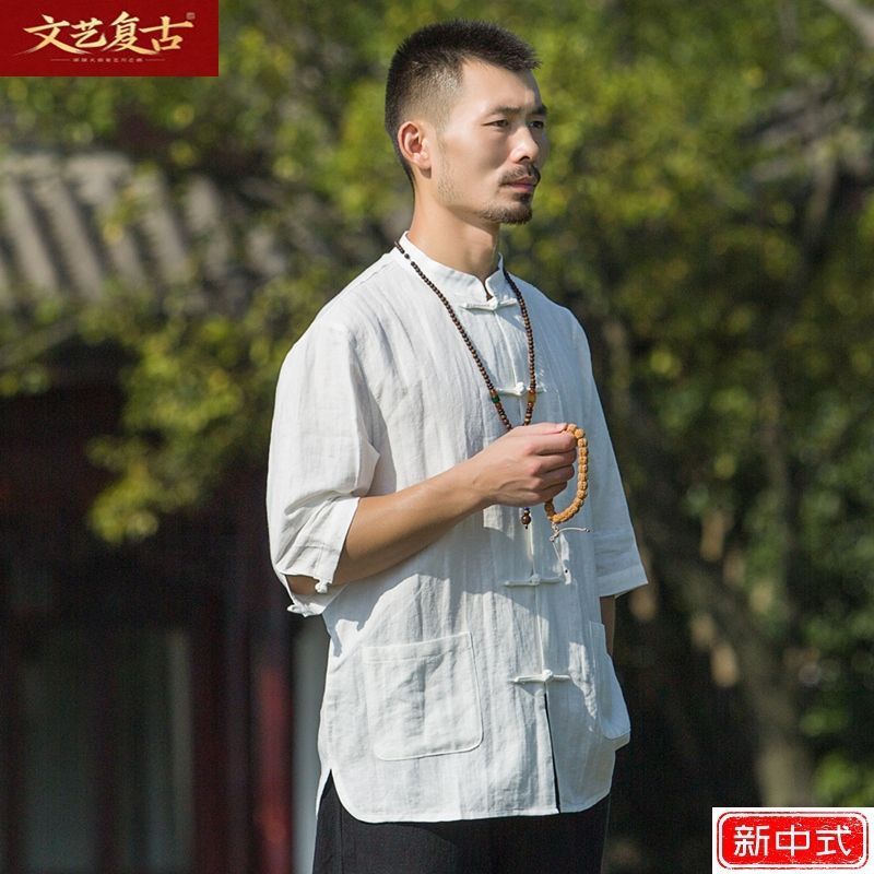 Chinese Style Men's Linen Shirt Short Sleeve Cotton Linen Top