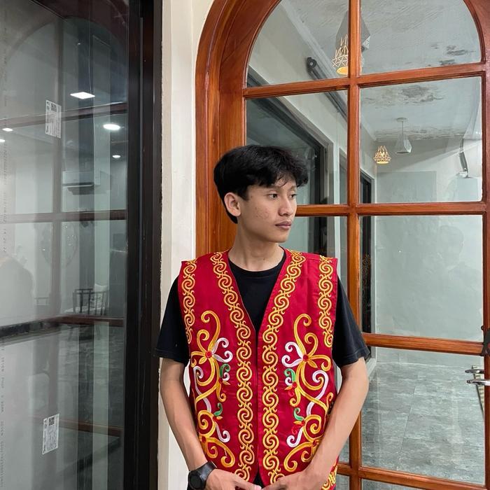 ROMPI DAYAK KALIMANTAN FULL BORDIR Pria Hitam Keren - S, Merah