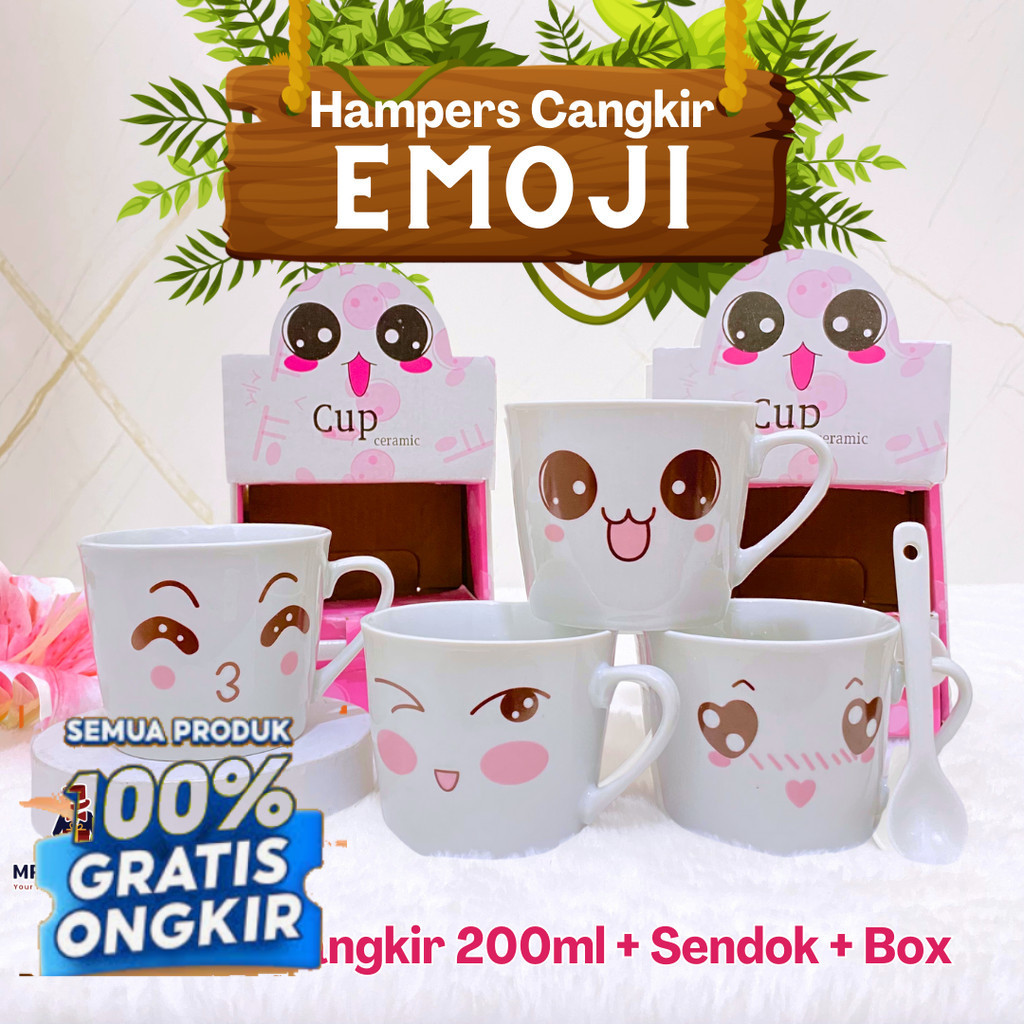 Gelas Aesthetic EMOJI Set Sendok Cangkir Set Keramik Kado Pernikahan Unik Bermanfaat / Hampers Weddi
