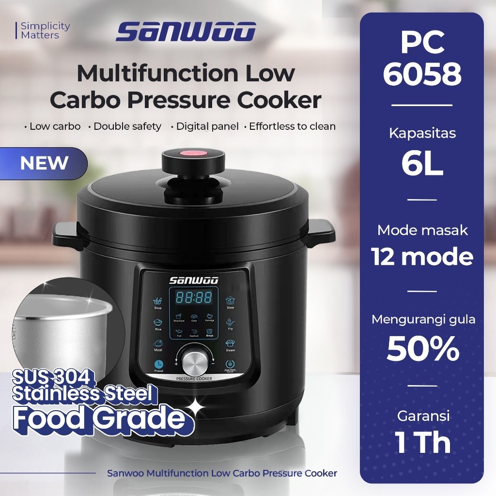 LS Sanwoo Multifunction Low Carbo Pressure Cooker 6L with SUS304 Main Bowl PC-6058 / Panci Presto Lo